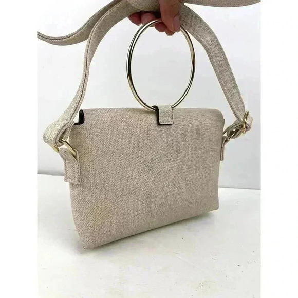 Beige Shoulder Bag Gold Round Handle Crossbody Purse - Handbag Gold Hardware - Picture 3 of 13